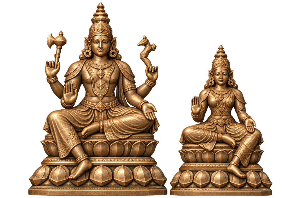 Two detailed bronze seated deity figures with sculpted faces, ceremonial drapery, tall crowns and lotus pedestals, an artistic interpretation inspired by the supplied reference