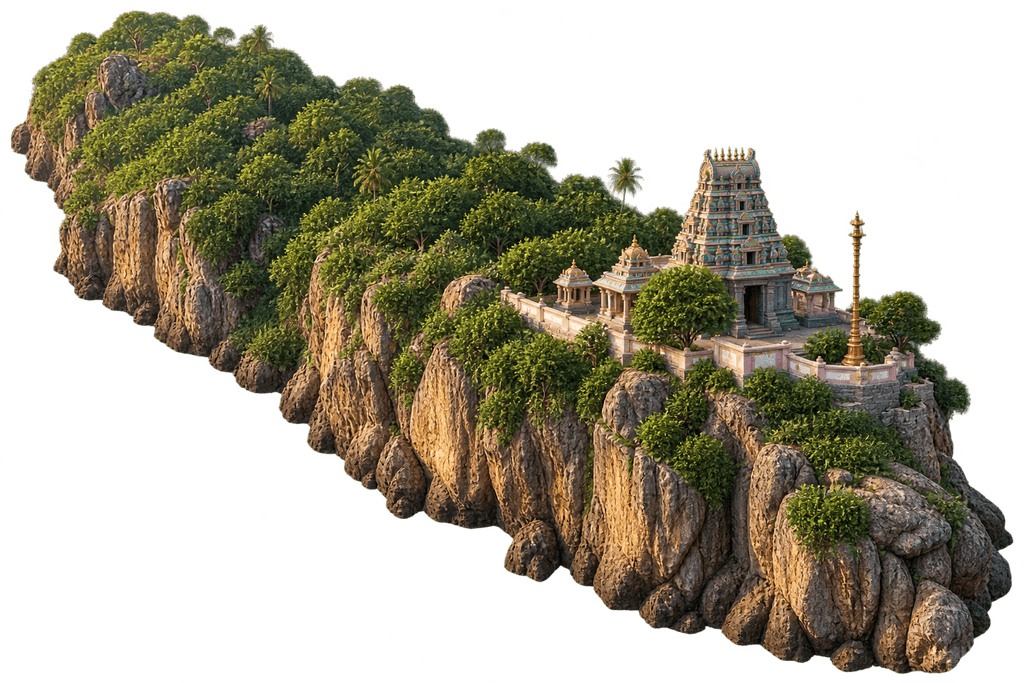 Concept cutout of a tree-covered coastal headland with sheer cliffs and a Dravidian temple at its tip