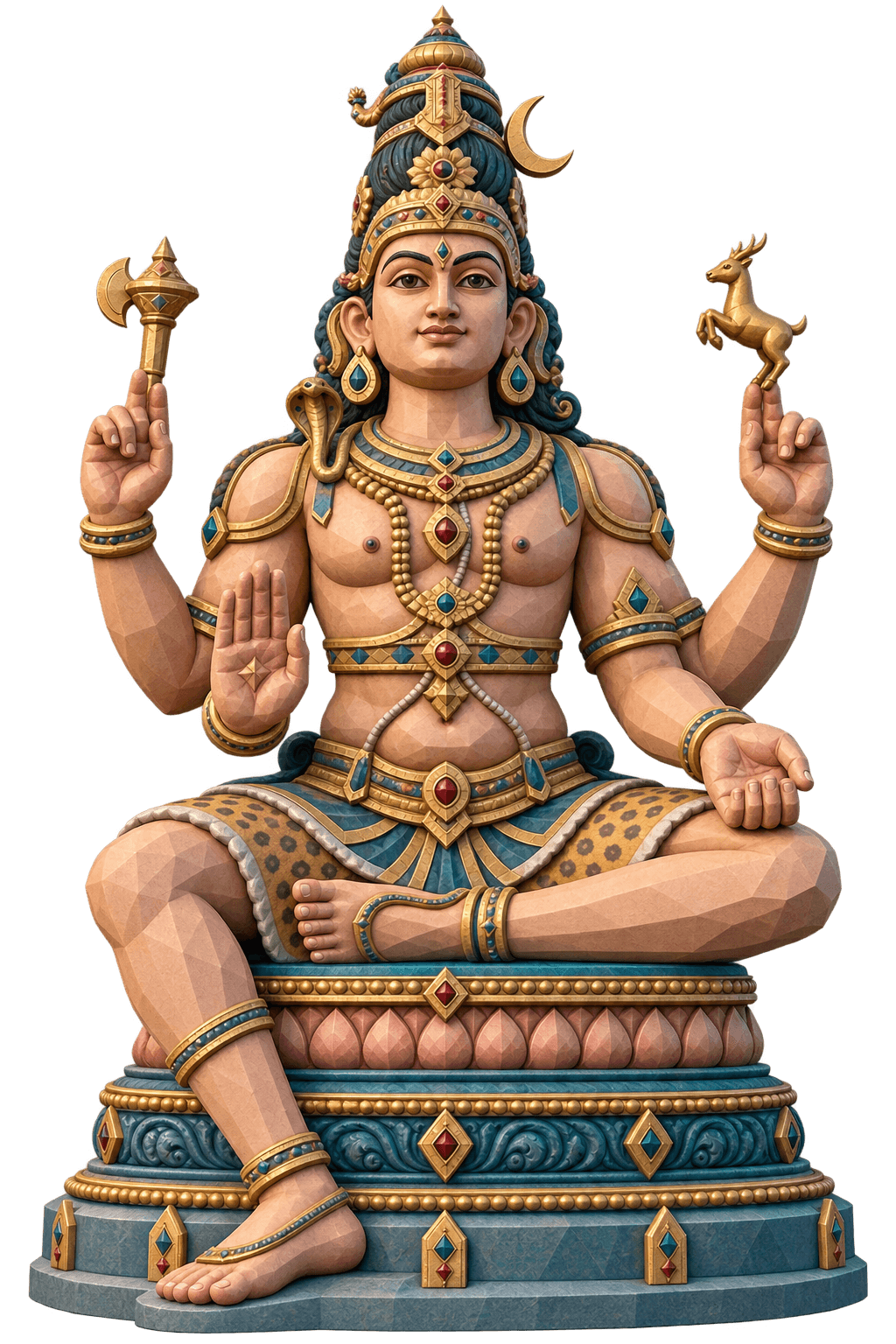 Stylized 3D cutout of a four-armed seated Konesar figure with a serene sculpted face, ornate crown, brass jewelry and teal lotus pedestal
